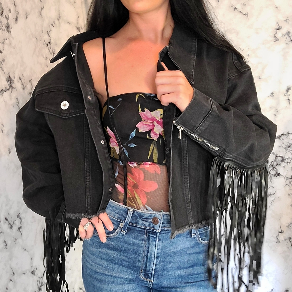Veveret fringe black denim western jacket